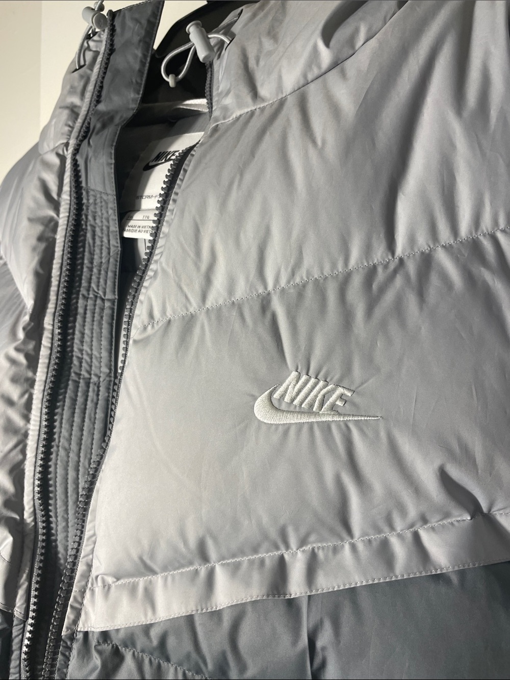 Nike Gray Quilted Puffer Jacket with Embroidered Logo